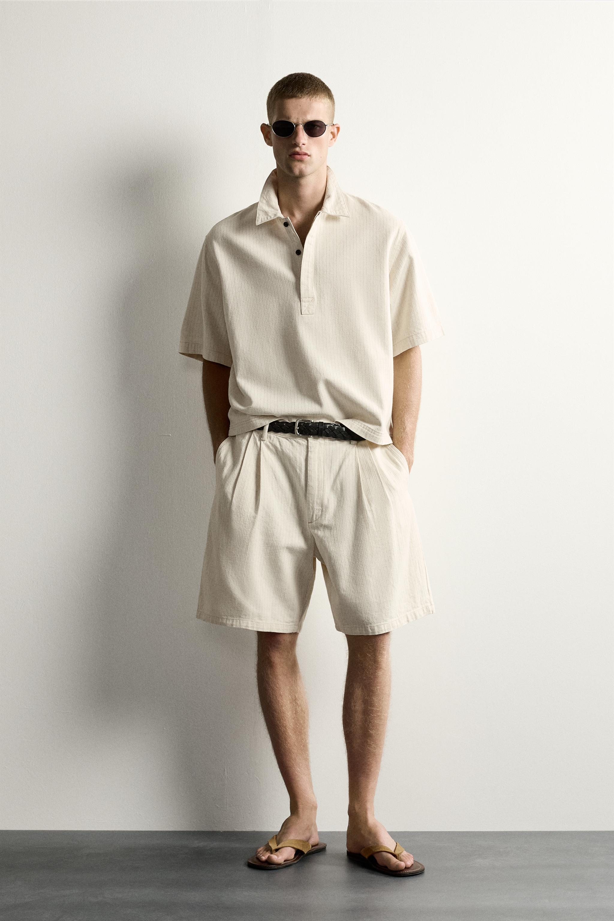 WIDE FIT STRIPED PLEATED SHORTS